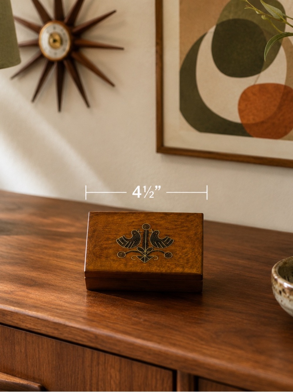 Mid Century Modern Polish Folk Art trinket box with brass inlay bird carvings
